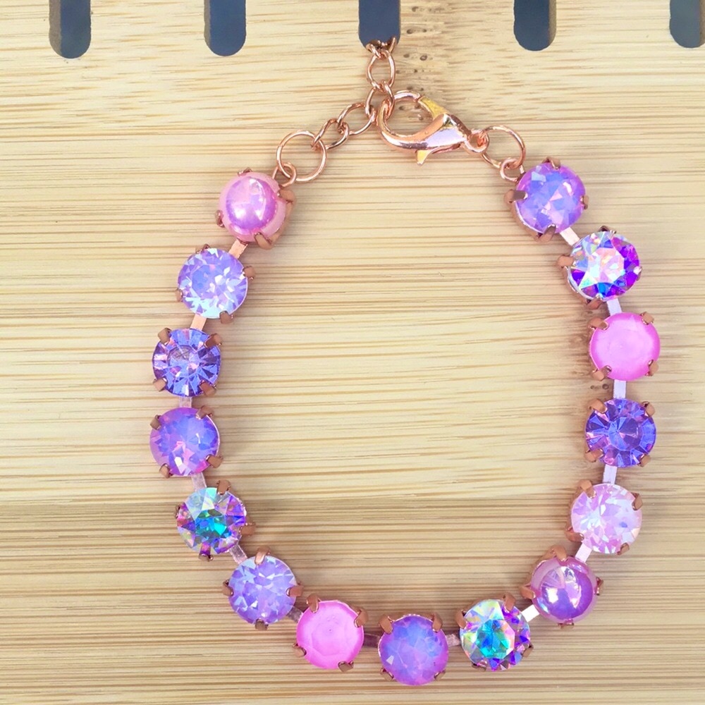 Pink Rose+Purple Amethyst Opal Aurora Borealis Rose Gold Crystal Tennis Bracelet - Picture 9 of 10